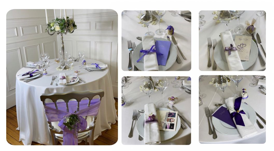 Décoration de table blanche et violette réalisée par CW Chery Events
