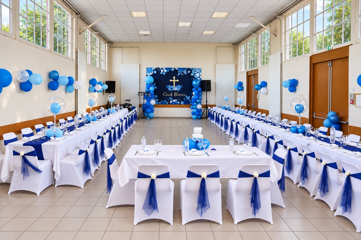 Salle de baptême décorée en bleu et blanc avec ballons et tables dressées