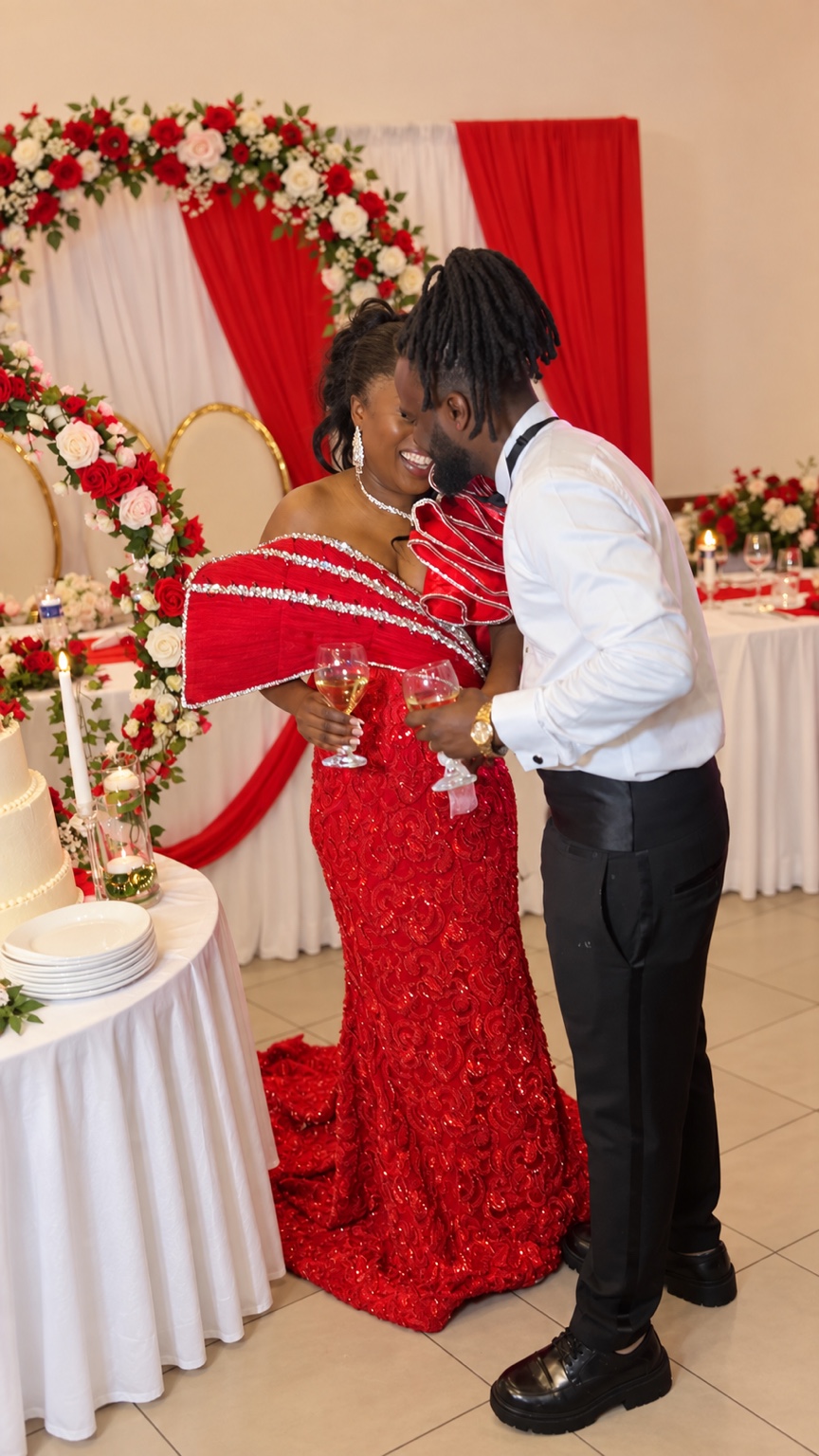 Couple célébrant son mariage dans un décor rouge et blanc