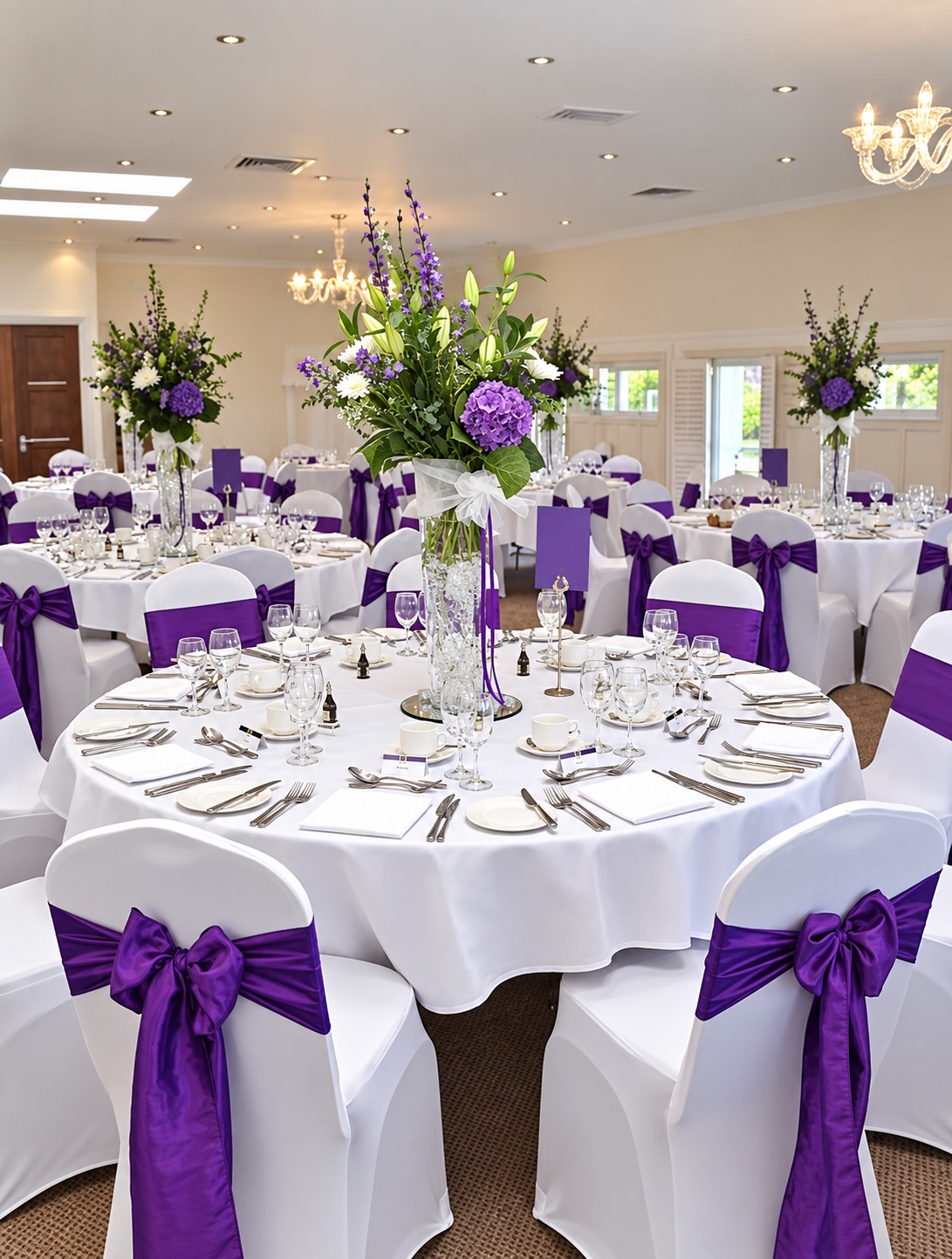 Salle de réception décorée en violet et blanc