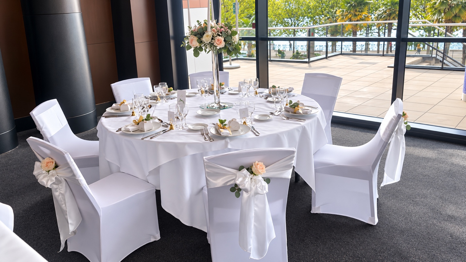 Table de réception blanche et florale avec vue extérieure