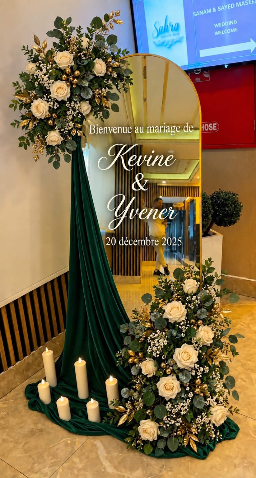 Panneau miroir de bienvenue vert émeraude et floral pour le mariage de Kevine et Yvener