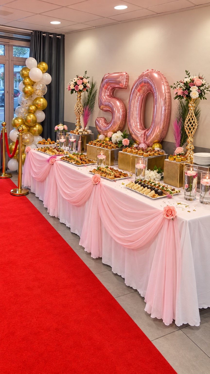 Décoration rose et dorée pour un anniversaire de 50 ans