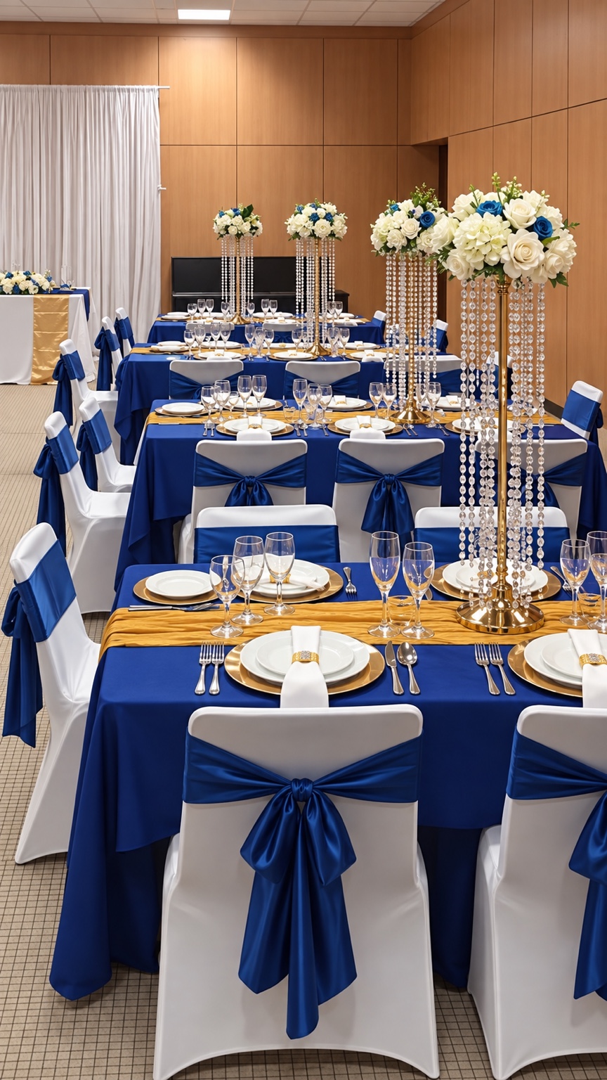 Décoration de table bleu royal, blanc et or
