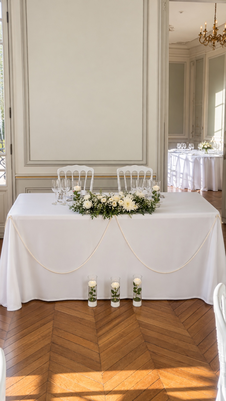 Table d’honneur blanche et florale dans un château