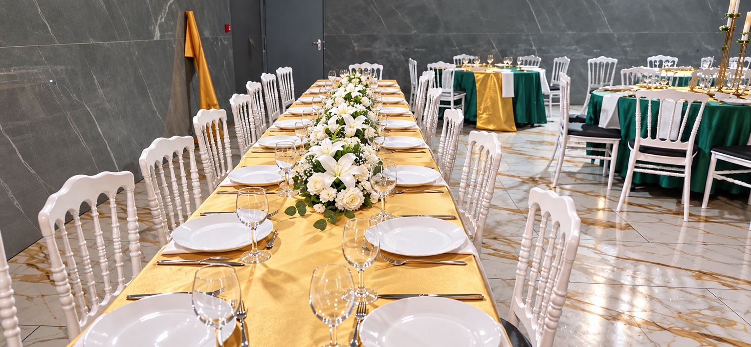 Grande table de réception verte, blanche et dorée