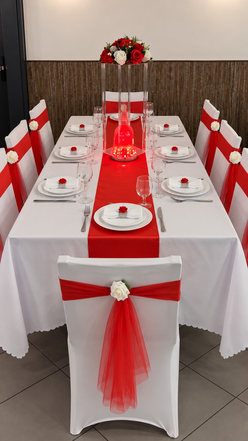 Table de réception décorée en rouge et blanc