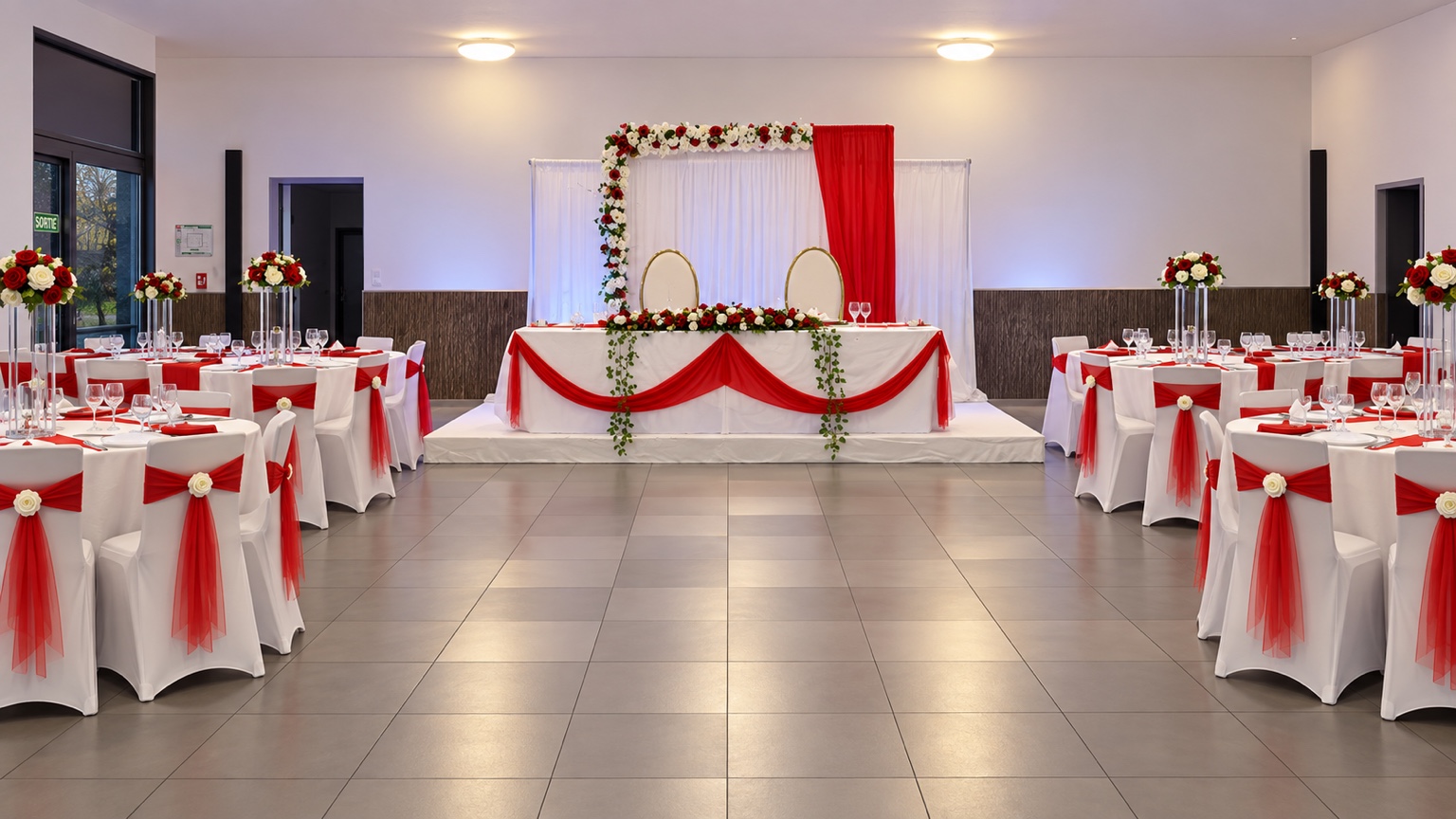 Salle de réception rouge et blanche avec arche florale