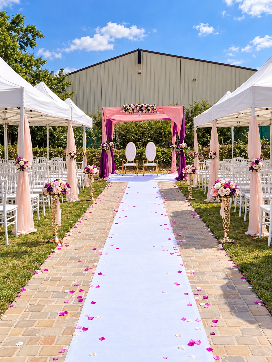 Allée de cérémonie extérieure fleurie rose et blanche