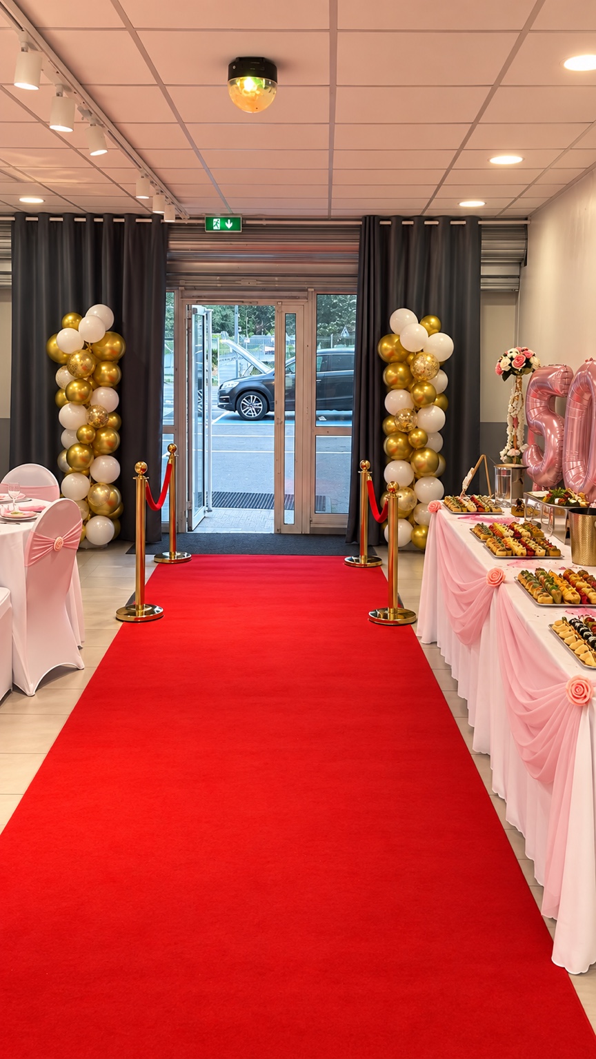 Entrée de réception avec tapis rouge et décoration festive