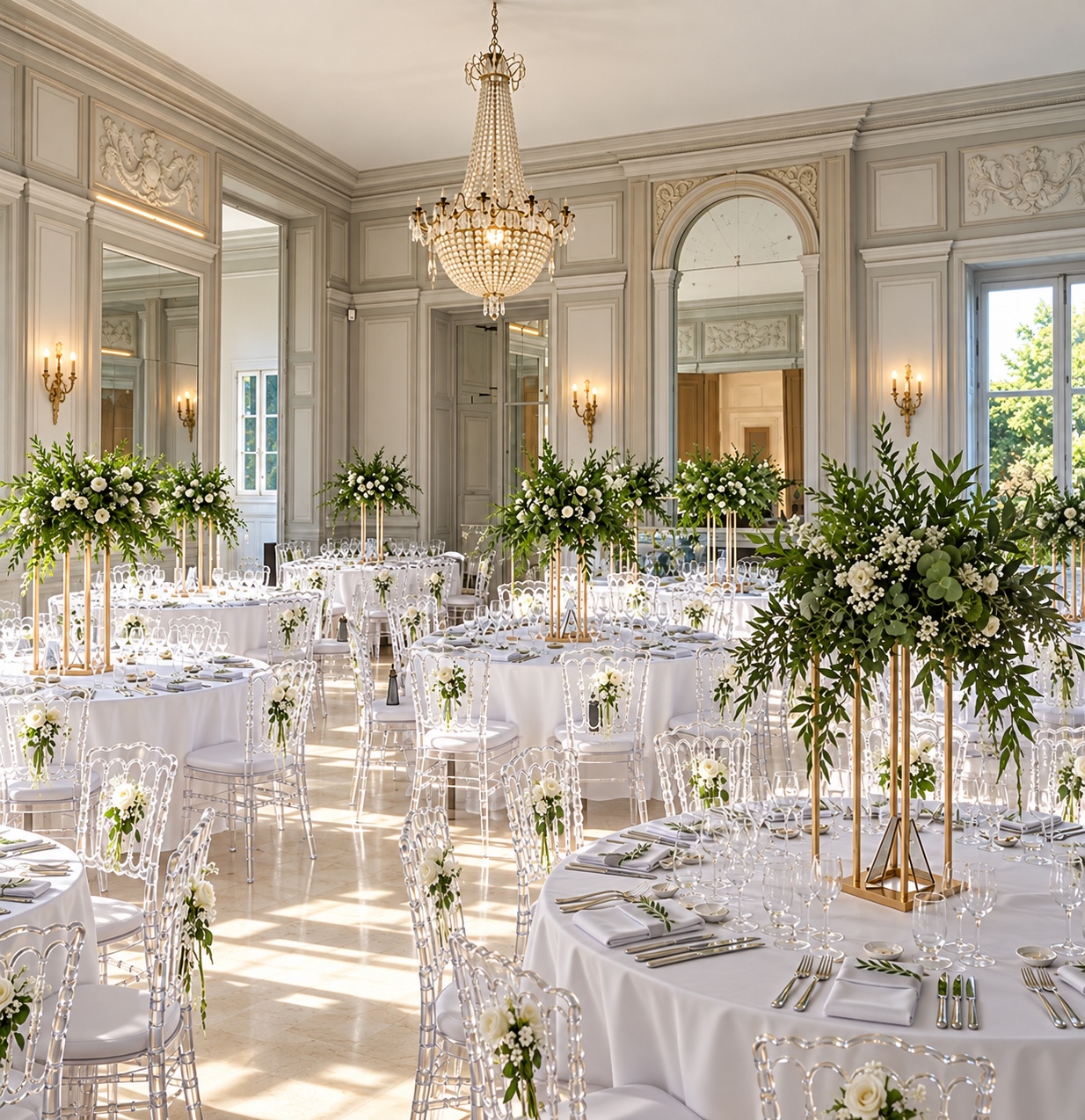 Salle de réception élégante décorée de fleurs blanches et de feuillage